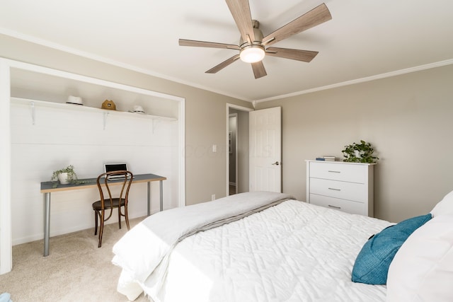 bedroom with light carpet, ceiling fan, and ornamental molding