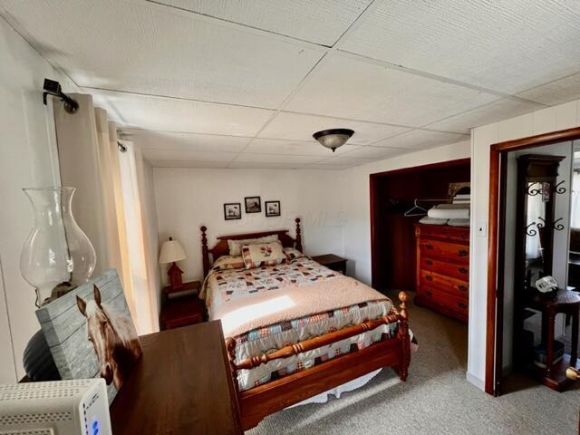 bedroom with carpet floors and a paneled ceiling