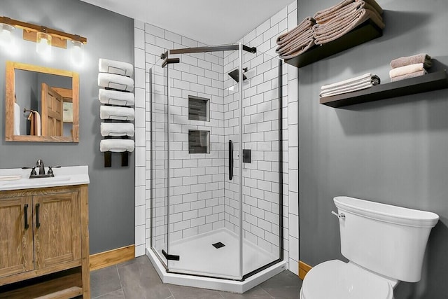 bathroom with tile patterned flooring, a shower stall, and toilet