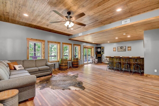 living room featuring visible vents, a bar, and wood ceiling