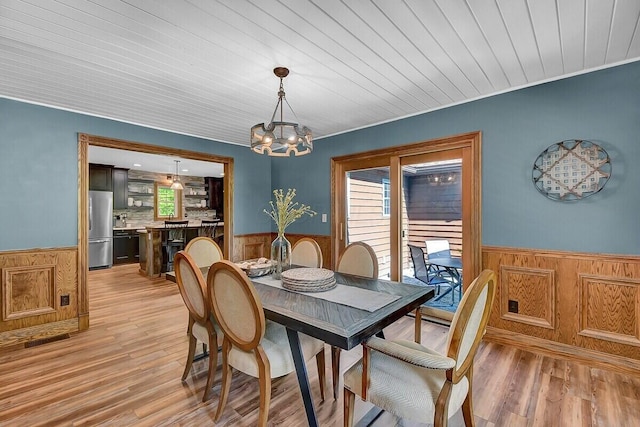 dining area featuring wooden ceiling, wainscoting, light wood finished floors, and an inviting chandelier