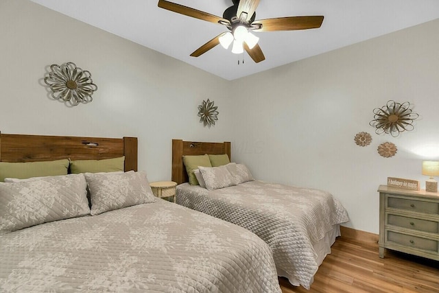 bedroom with ceiling fan and wood finished floors