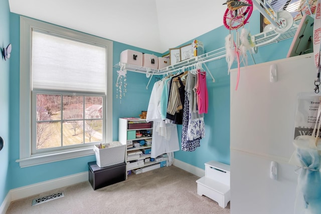 spacious closet featuring visible vents and carpet flooring