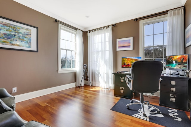 office with crown molding, baseboards, and wood finished floors