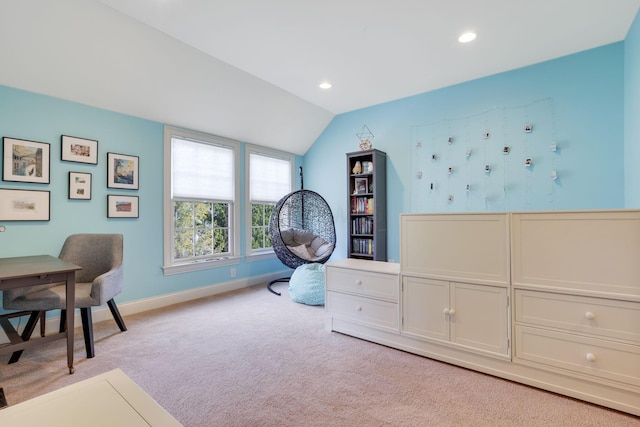 interior space featuring lofted ceiling, carpet, baseboards, and recessed lighting