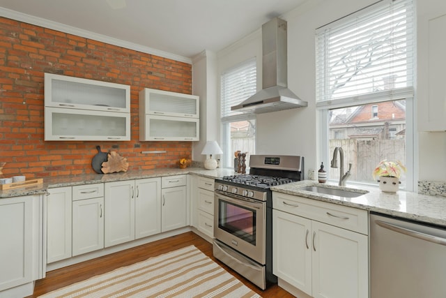 kitchen with brick wall, appliances with stainless steel finishes, ornamental molding, range hood, and a sink