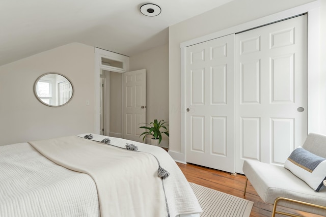 bedroom featuring lofted ceiling, a closet, and wood finished floors