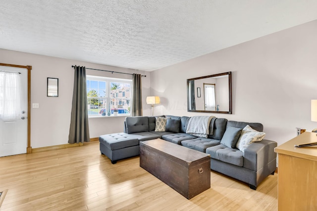 living area with baseboards, light wood finished floors, and a textured ceiling