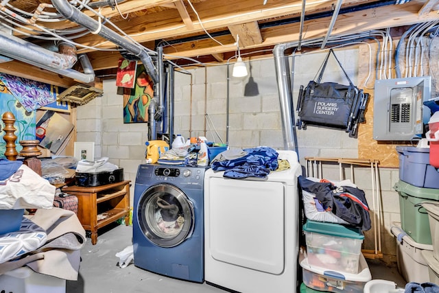 laundry room featuring washing machine and clothes dryer, laundry area, and electric panel