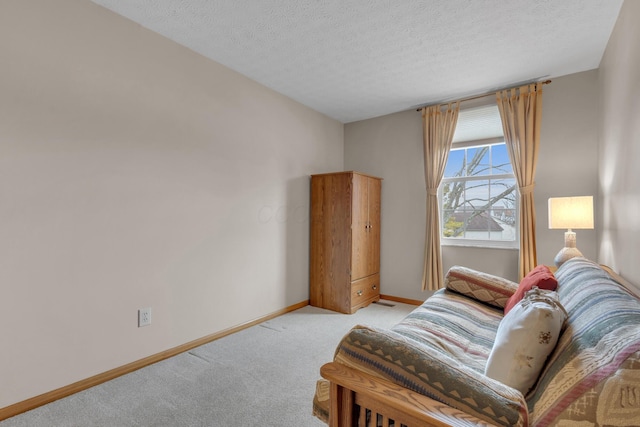 sitting room featuring light carpet, a textured ceiling, and baseboards