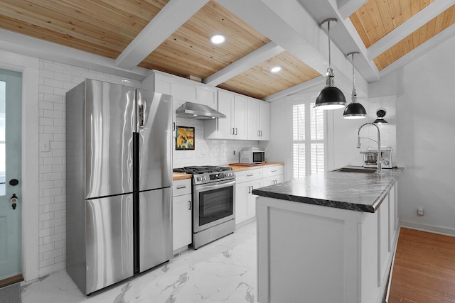 kitchen featuring wall chimney range hood, appliances with stainless steel finishes, a sink, and white cabinets