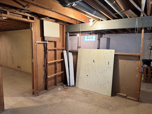 basement with visible vents and wooden walls