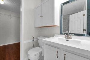 bathroom featuring baseboards, toilet, wood finished floors, and vanity