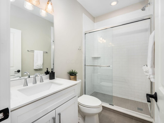 full bath with tile patterned flooring, a stall shower, toilet, and vanity