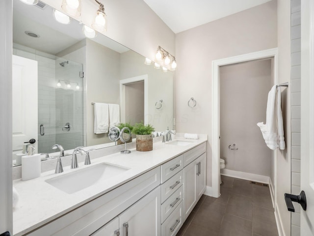 bathroom featuring a sink, visible vents, a shower stall, and tile patterned flooring