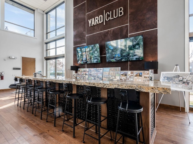 bar featuring plenty of natural light, a high ceiling, and hardwood / wood-style floors