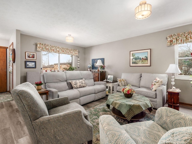 living room featuring a textured ceiling, wood finished floors, and baseboards