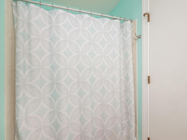 bathroom with a shower with shower curtain