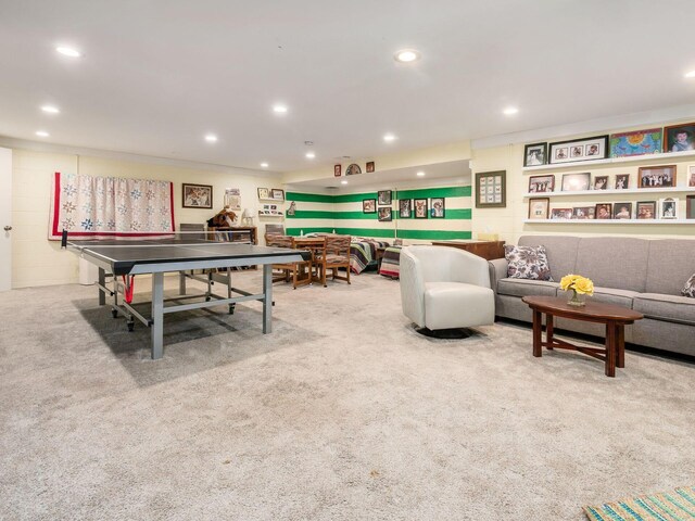 recreation room featuring carpet floors and recessed lighting