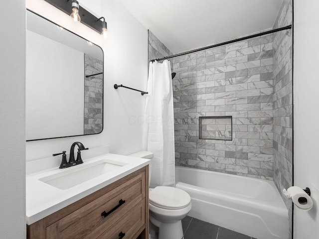 bathroom with toilet, tile patterned flooring, shower / bath combination with curtain, and vanity