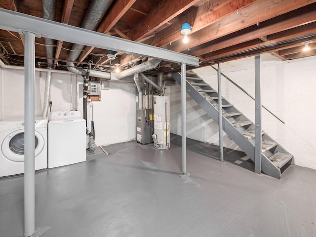 unfinished basement with water heater, separate washer and dryer, stairs, and heating unit