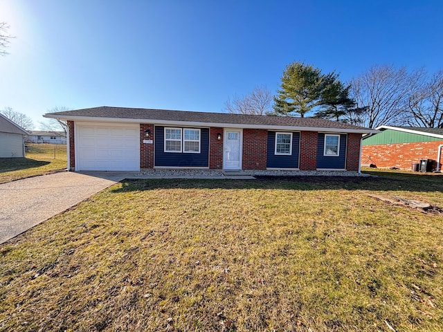 ranch-style home featuring a garage, concrete driveway, brick siding, and a front yard