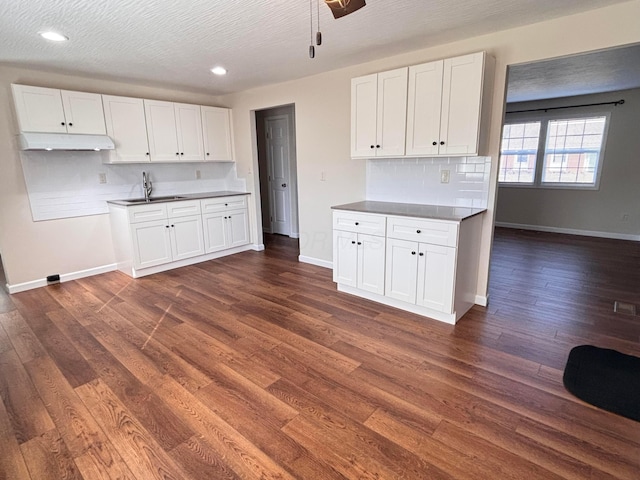 kitchen with baseboards, dark wood-style flooring, white cabinetry, and decorative backsplash