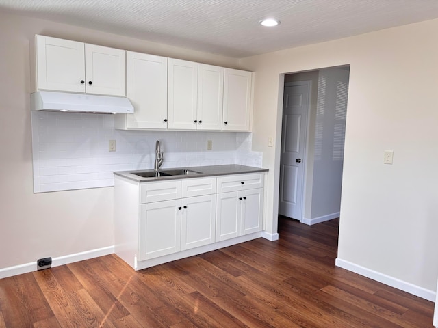 kitchen with under cabinet range hood, baseboards, decorative backsplash, and a sink