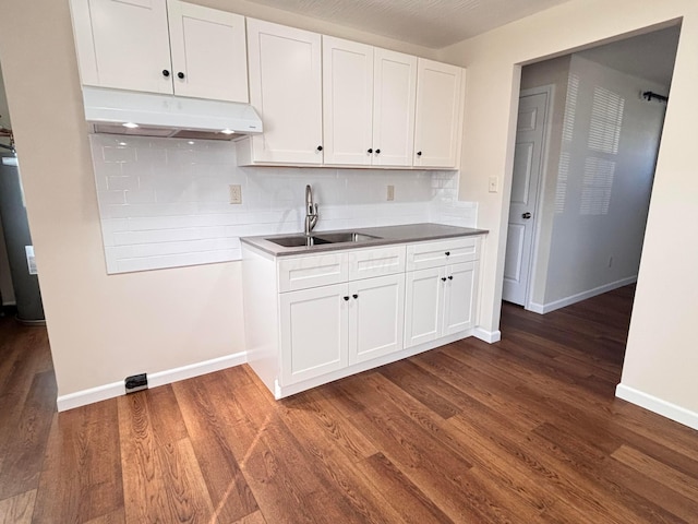 kitchen featuring under cabinet range hood, dark wood-type flooring, a sink, white cabinets, and tasteful backsplash