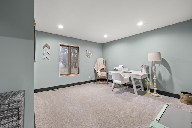 office area with visible vents, recessed lighting, baseboards, and carpet