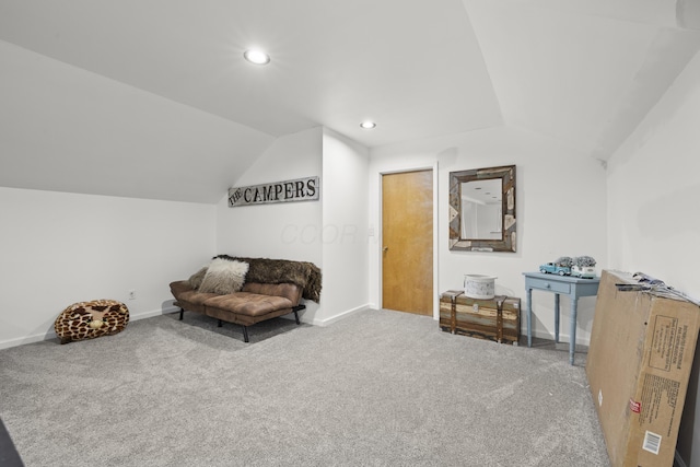 living area with recessed lighting, baseboards, lofted ceiling, and carpet floors