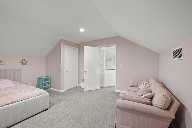 carpeted bedroom featuring visible vents, recessed lighting, baseboards, and lofted ceiling