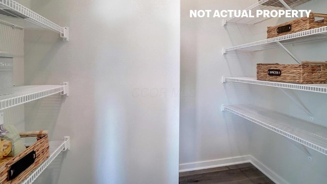 walk in closet with dark wood finished floors