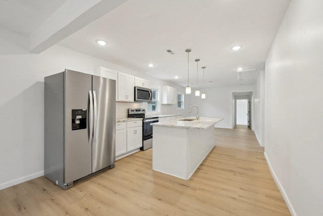 kitchen featuring light wood finished floors, decorative backsplash, appliances with stainless steel finishes, white cabinetry, and a sink