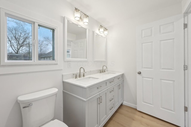 full bath featuring double vanity, wood finished floors, a sink, and toilet