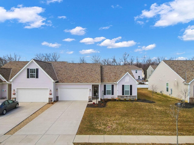 ranch-style house featuring stone siding, driveway, roof with shingles, and a front yard