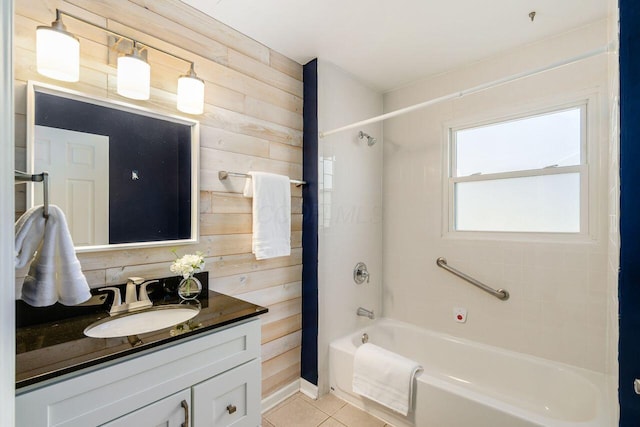 full bath with vanity, wood walls, shower / tub combo, and tile patterned flooring