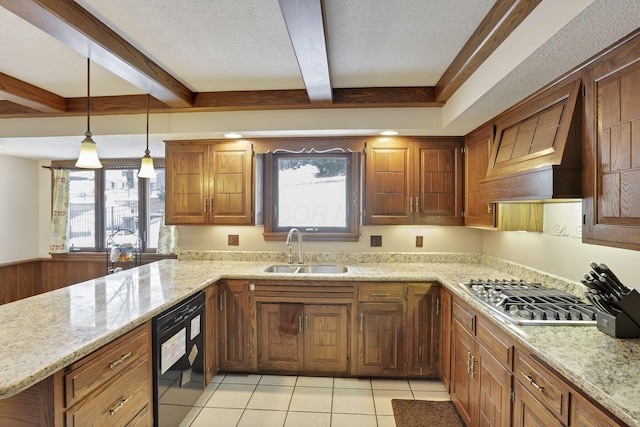 kitchen with a textured ceiling, stainless steel gas cooktop, a sink, black dishwasher, and beamed ceiling