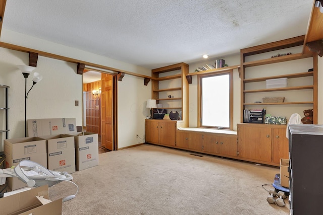 interior space featuring light colored carpet, a textured ceiling, and baseboards