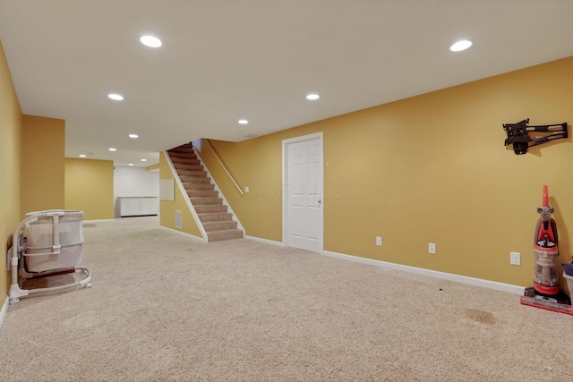 interior space with recessed lighting, carpet flooring, and baseboards