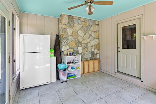 671 Carriage Ct, Newark, OH 43055 - kitchen with freestanding refrigerator, a ceiling fan, light tile patterned flooring, and cream cabinets