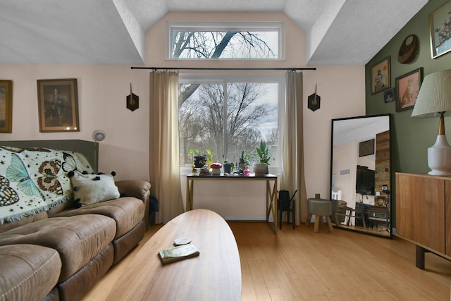 living room with vaulted ceiling, a textured ceiling, and wood finished floors