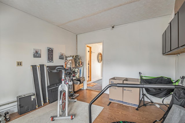 workout area with a baseboard radiator, a textured ceiling, and wood finished floors