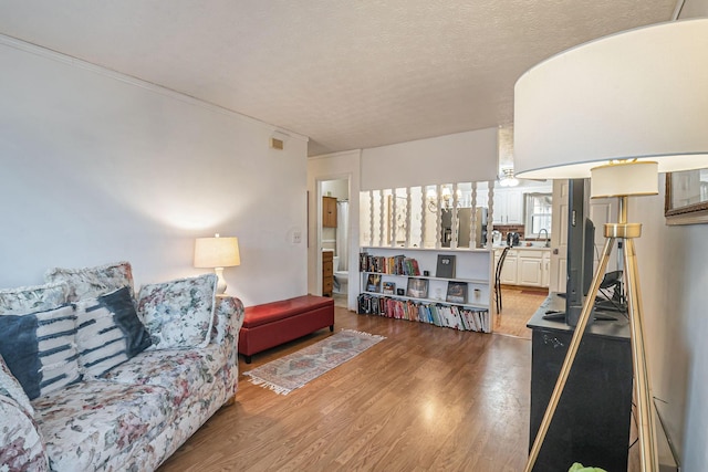 living room featuring a textured ceiling and light wood-style flooring