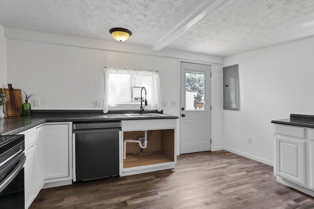 71 3rd St, Lancaster, OH 43130 - kitchen featuring black dishwasher, stove, dark countertops, electric panel, and beamed ceiling
