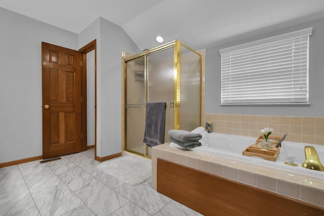 full bathroom with a bath, baseboards, a stall shower, and marble finish floor