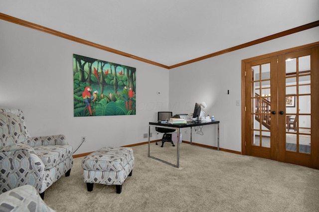 carpeted office featuring french doors, baseboards, and ornamental molding