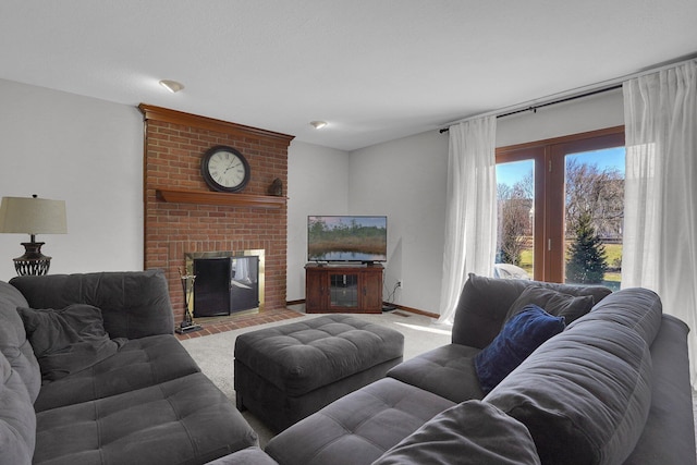 carpeted living area featuring baseboards and a fireplace