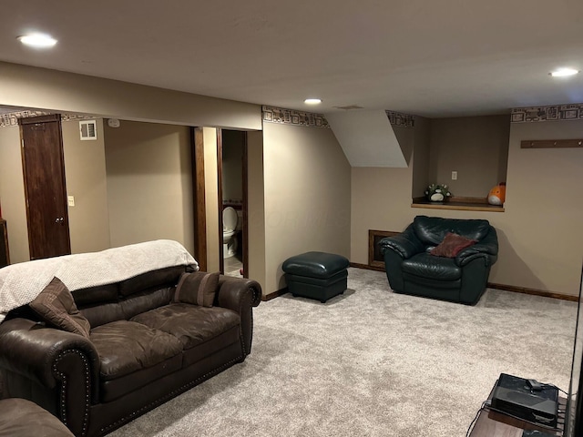 living area with carpet, visible vents, baseboards, and recessed lighting