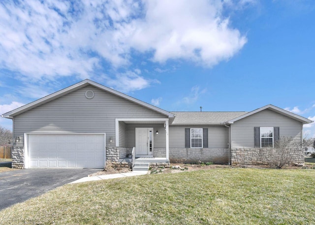 ranch-style house with a front lawn, an attached garage, stone siding, and driveway